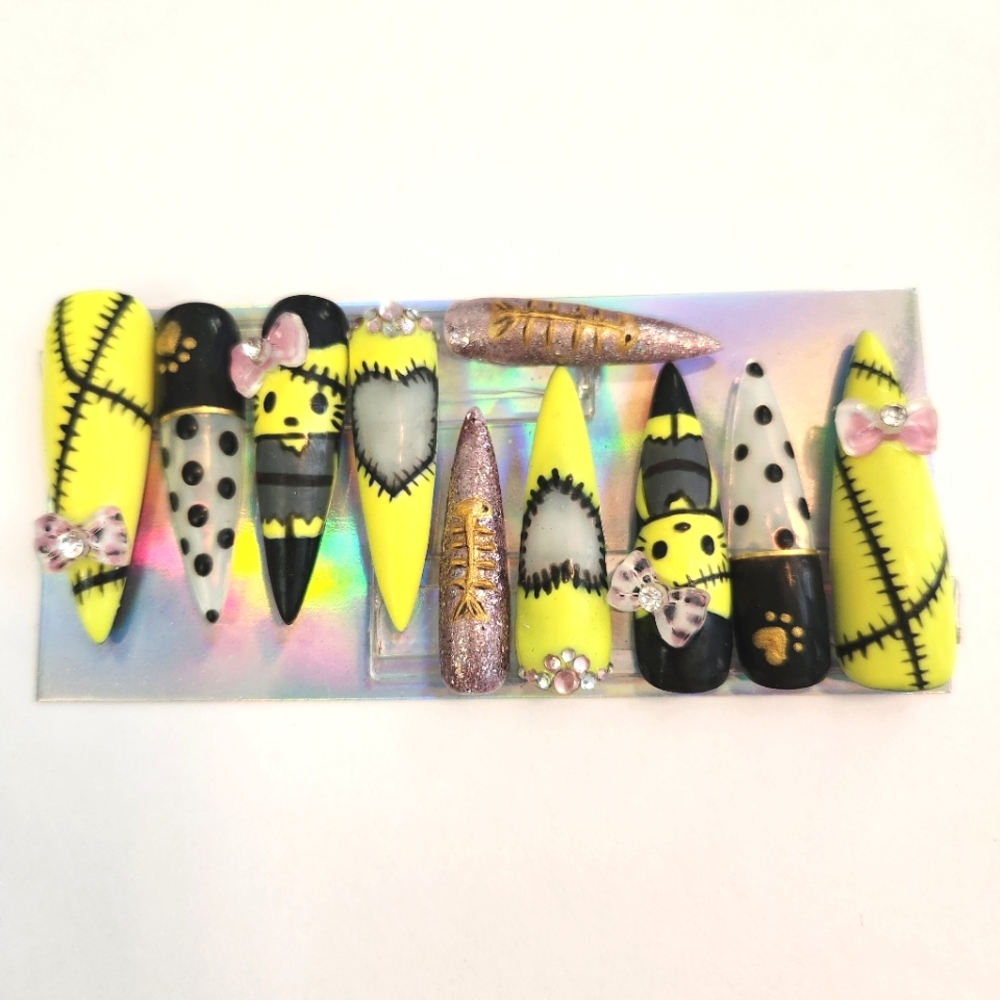 FantaSea Fingers Hello Zombie Kitty Black & Yellow Glow Long Stiletto Size Small